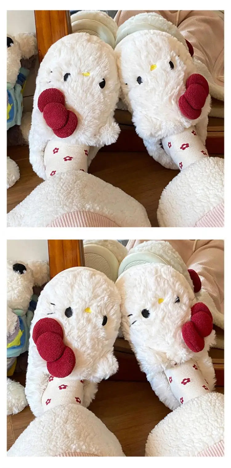 New Cartoon Hello Kitty Plush Slippers Sanrio Cute Female Anime Autumn Winter Home Plus Velvet Warm Thick Sole Baotou Slippers