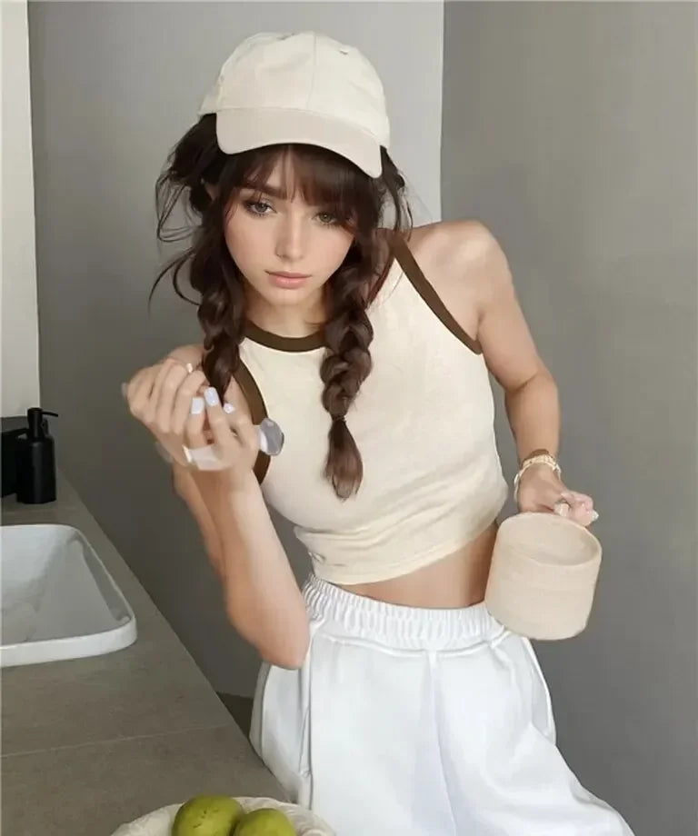 Spring Summer Color Block Sleeveless Vest Outerwear Pure Color Strap Innerwear Sports Top Base Shirt Beautiful Wrap Chest Women