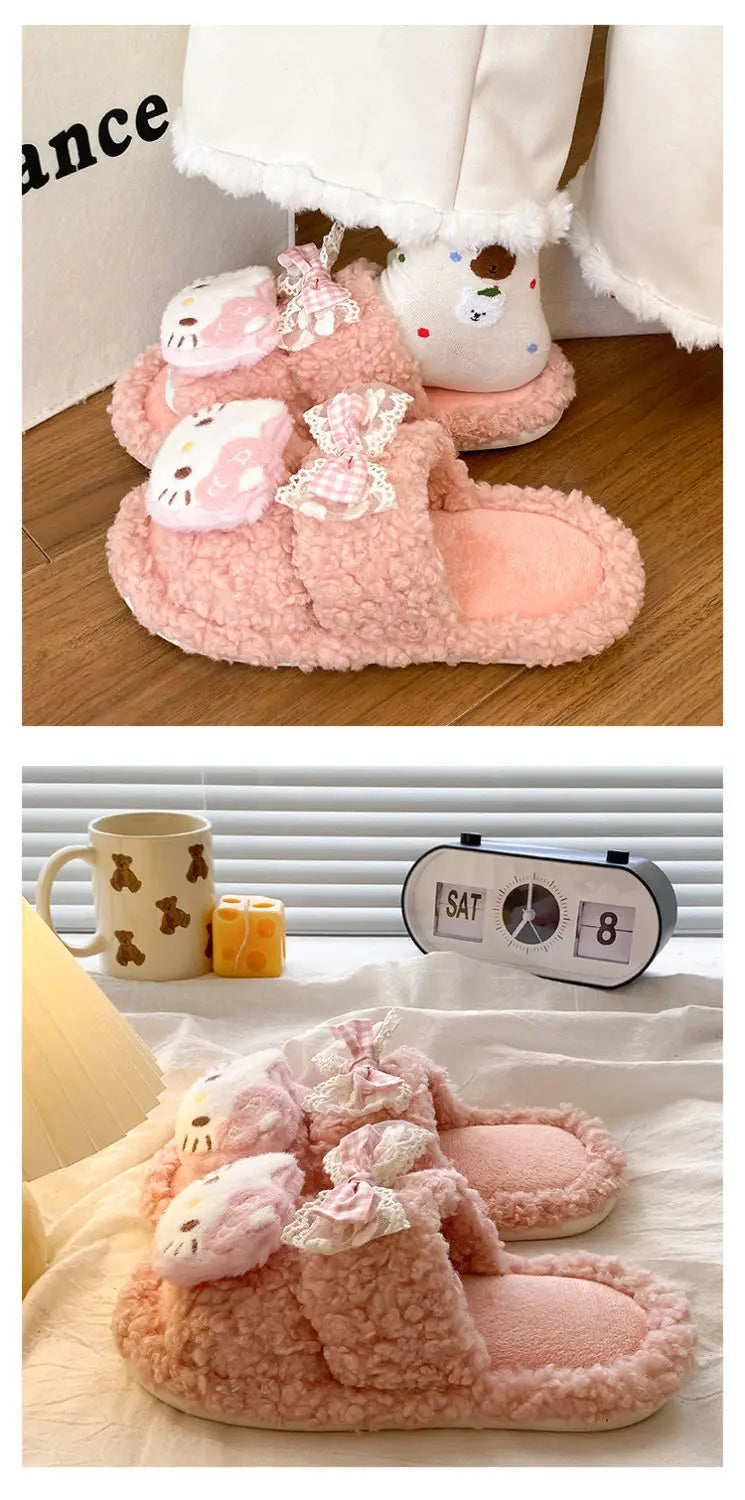 Sanrio Hello Kitty Adult Cotton Slippers Y2K Kawaii Cartoon Winter Indoor Open Toe Anti-Slip Slipper Comfortable Warm Shoes New