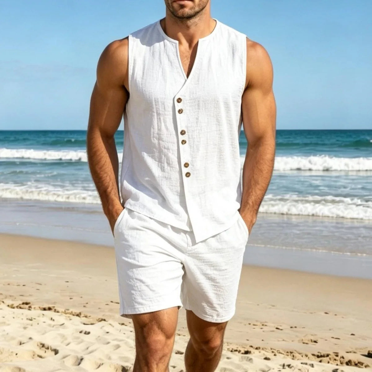 Summer Men's Solid Color Simple Fashionable Open-Back Sweater Set for Casual Wear - Sleeveless Linen Blouse, Shorts, Beach Set