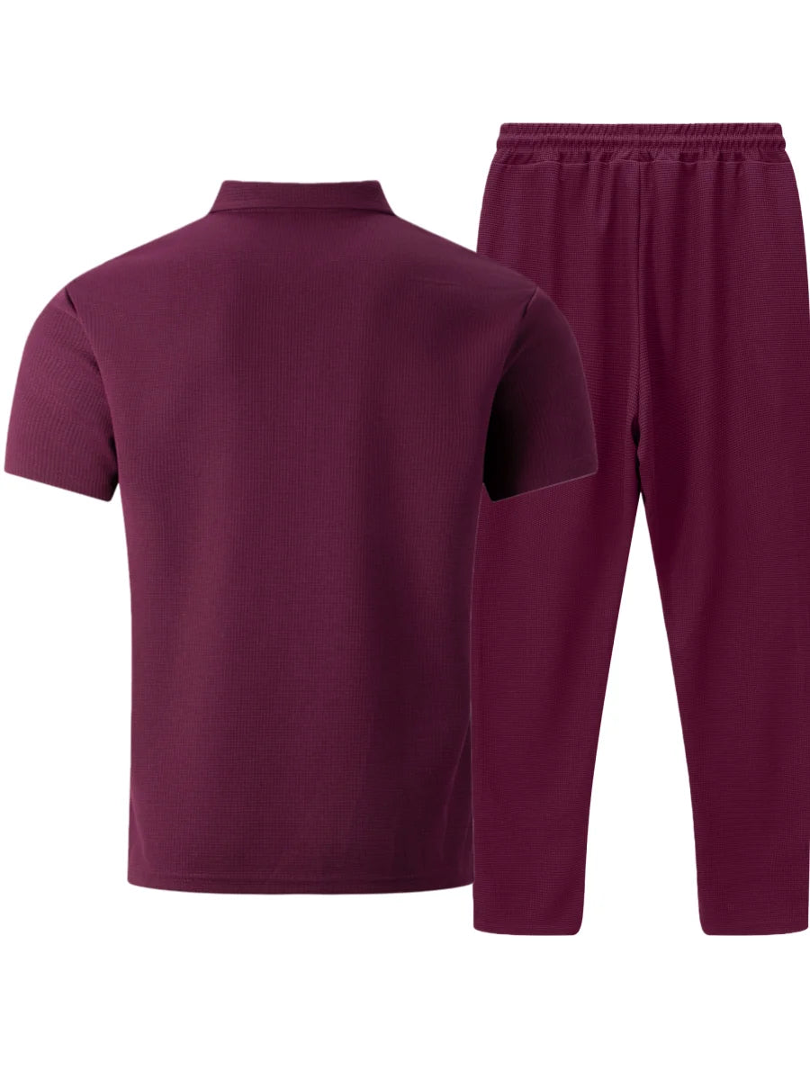 Summer New Men's Waffle Casual Tracksuit, Lapel Collar Double Pocket Solid Polo Shirt and Long Pants Set