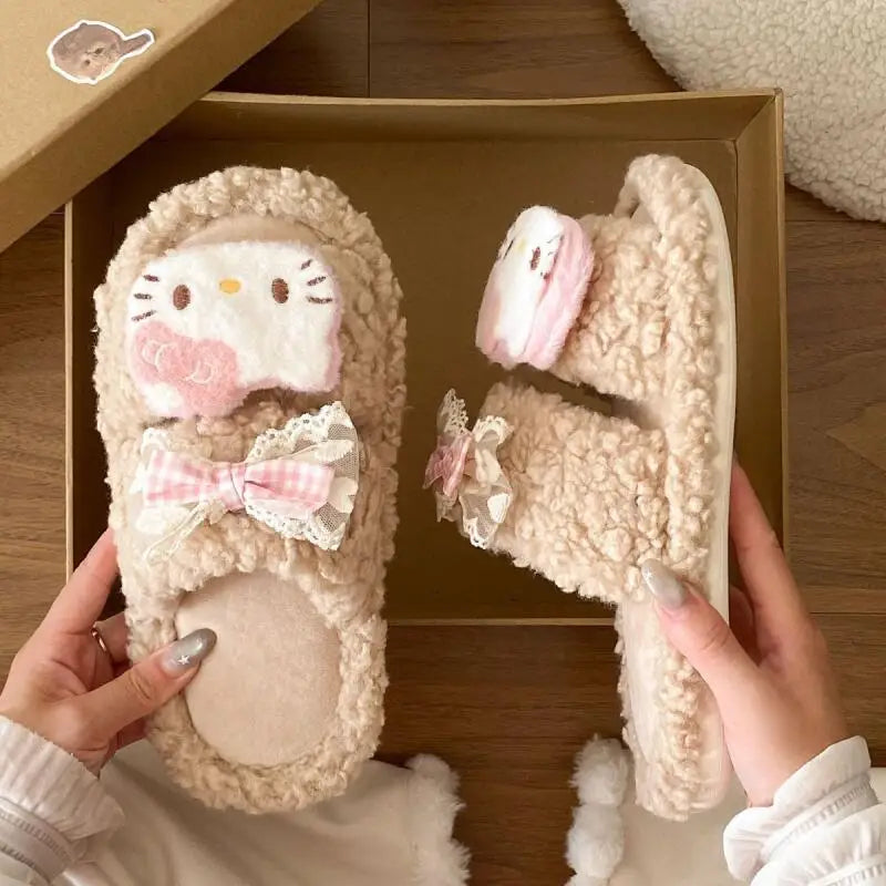 Sanrio Hello Kitty Adult Cotton Slippers Y2K Kawaii Cartoon Winter Indoor Open Toe Anti-Slip Slipper Comfortable Warm Shoes New