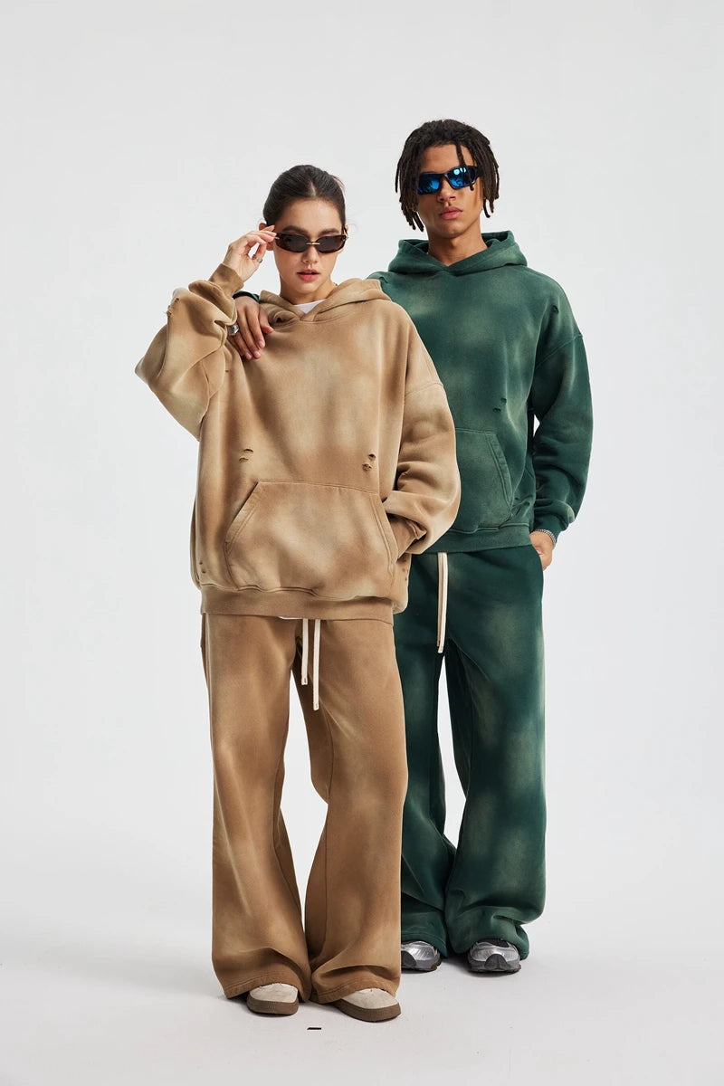 2025 Winter New Fleece Sweatpants Men Splashing Ink Spray Dyeing Wash Distressed Wide Joggers Grinding Edges Baggy Plush Pants