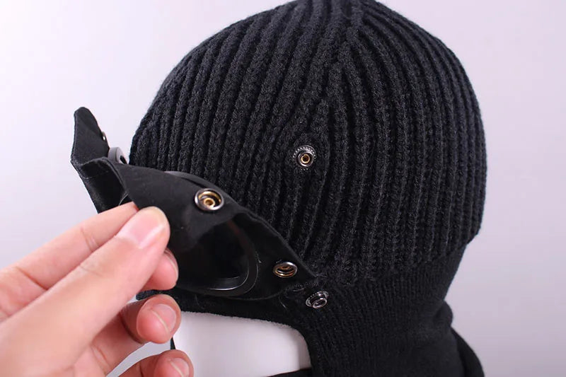 1 Pcs Trendy Autumn Winter Warm Caps Aviator Glasses Men Women Ear Protection Windproof Cycling Full Face Cover Warm Knitted Hat