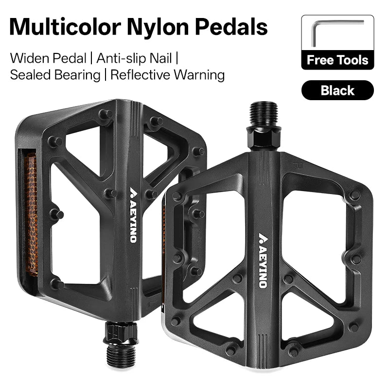 AEYINO Bicycle Pedals MTB Bike Pedal Foot Plat Nylon Anti-slip 9''16 Standard Pedals Widen Classic Pedal Reflector Bicycle Parts