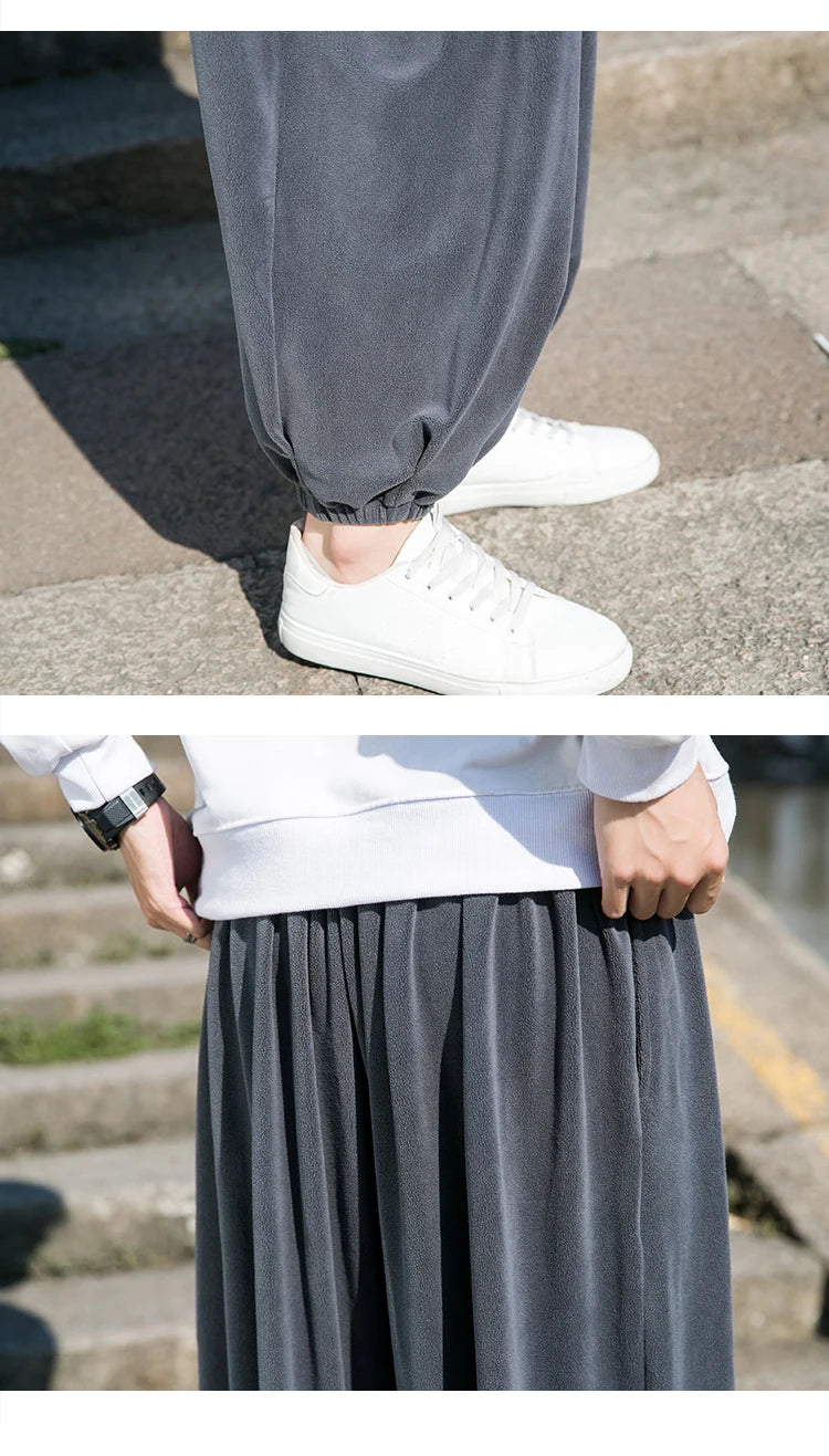 2024 Autumn Winter Men Polar Fleece Pants Men Velvet Retro Harem Pants Male Solid Color Wide Leg Pants Harajuku Jogging Trousers