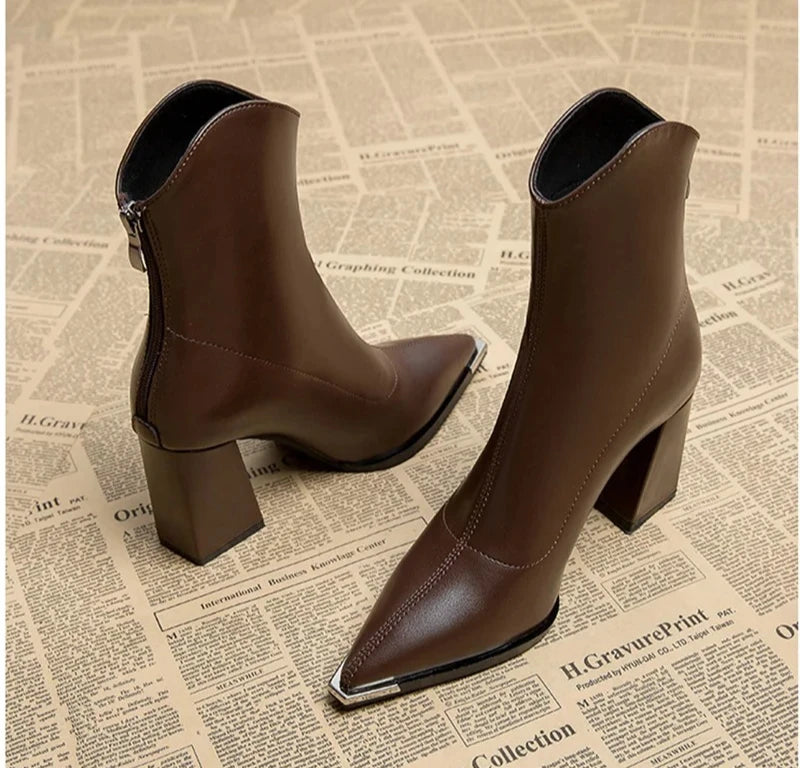 Pointed Toe Women's Ankle Boots Fashion Back Zippers Short Botas Ladies Elegant Square High Heel Winter Women's Footwear