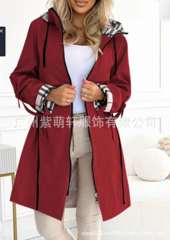 Fashion Trench Coat Woman Autumn Winter Solid Color Versatile Casual Street Style Cardigan Long-sleeved Hooded Plaid Outerwears