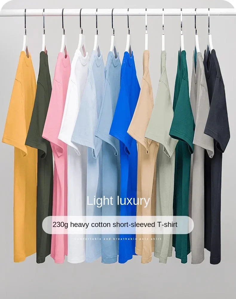 100% cotton heavy t-shirt summer solid color 230 g men's white casual all-match round neck fall shoulder short sleeve