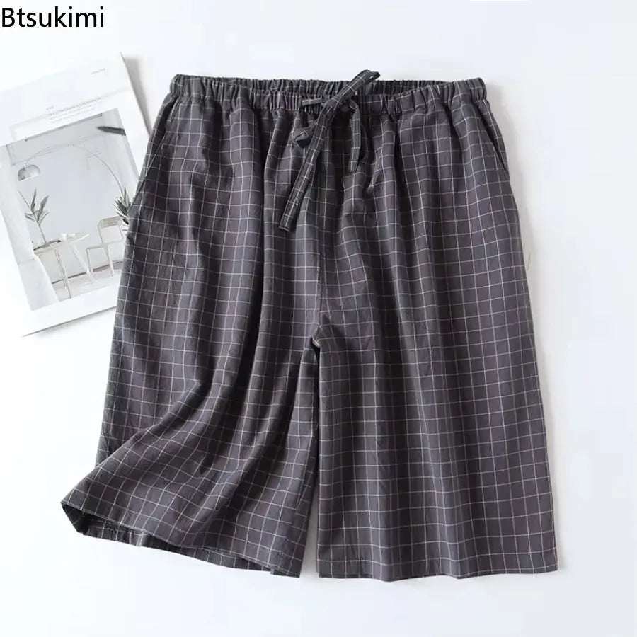 New 2026 Men's Sleepwear Pajama Shorts Plaid Design 100% Cotton Casual Loose Double-layer Homewear Sleep Bottoms Male Home Pants