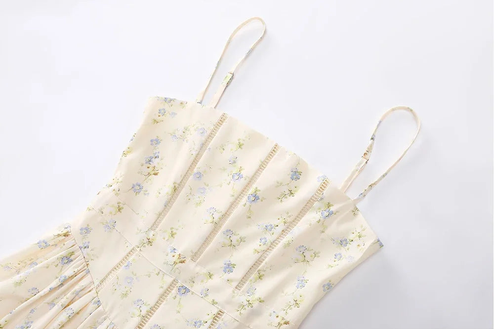 Oligai Summer Floral Print Spaghetti Strap Midi Dress Women Party Dress Elegant Vintage Holiday Beach Wear Dress