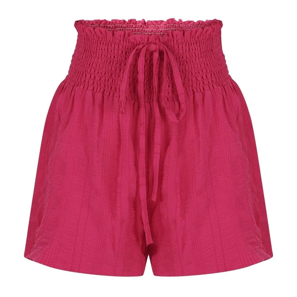 Solid Color Drawstring Women's Short Lace Up Loose Sports Shorts Skirt Summer Pleated Pajama Pants Summer