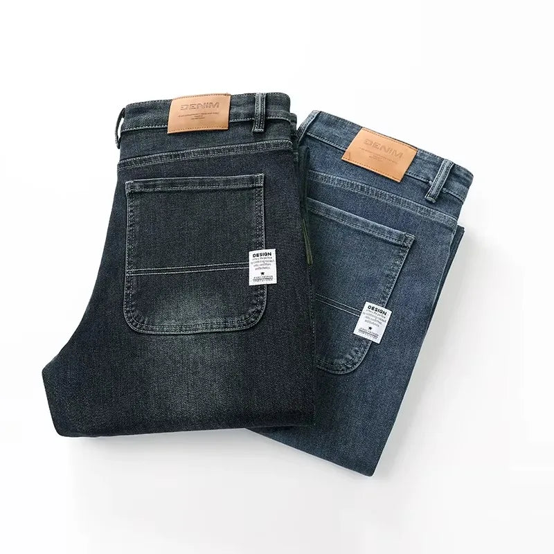 Autumn Winter  Brand New High Waist Jeans Classic Business Casual Office Men's Fashion Stretch Slim Denim Jeans Navy Blue