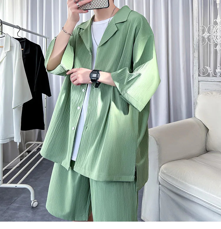 Korean Style Men's Set Shirt+Shorts Solid Short Sleeve Top Matching Bottoms Summer Fashion Oversized Clothing Men