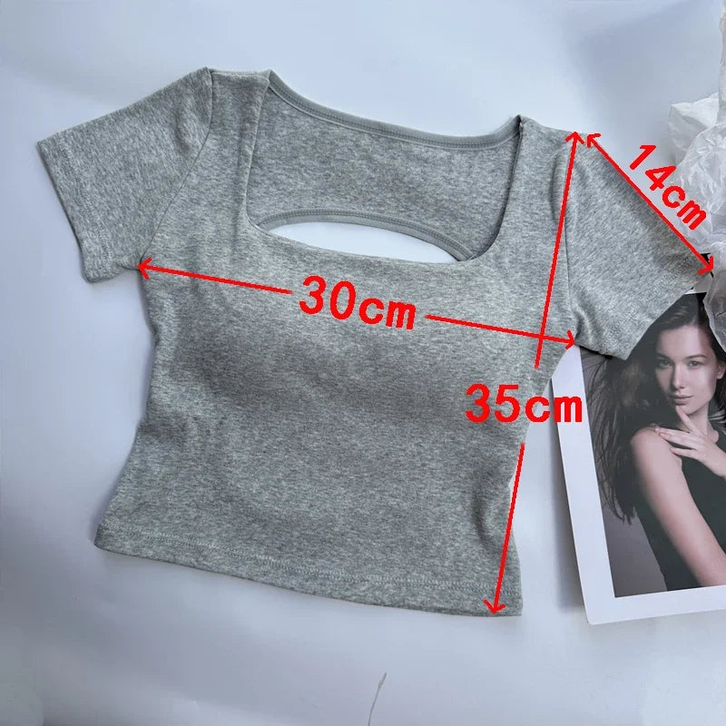 T-shirt Woman Clothing Square Neckline Tops Short Sleeve Crop Top with Bras for Women Girls Sexy Street Wear Backless Top Tees