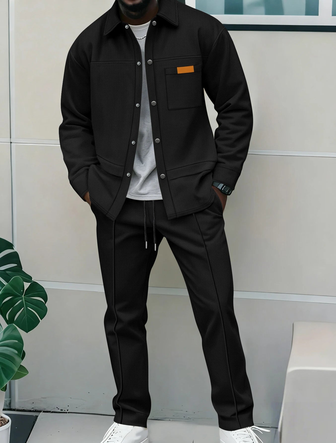 2026 New Men's Casual 2 Piece Tracksuit Fall Waffle Knit Solid Color Lapel Collar Button Jacket with Pockets Long Pants Set