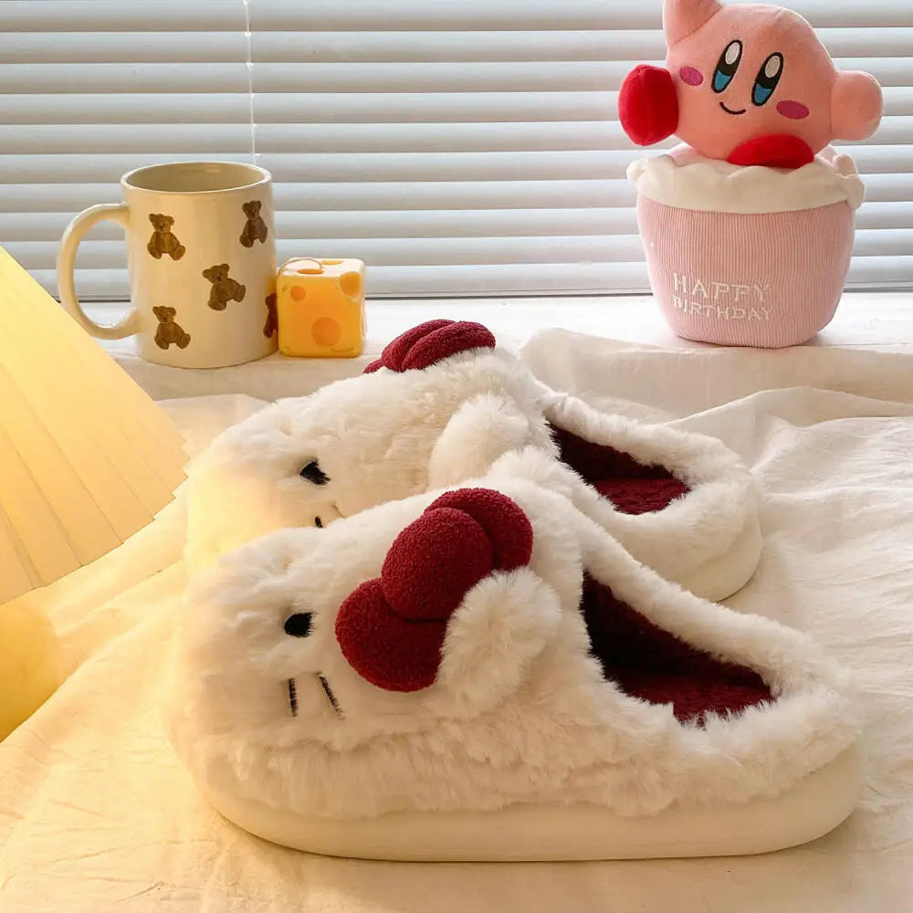 New Cartoon Hello Kitty Plush Slippers Sanrio Cute Female Anime Autumn Winter Home Plus Velvet Warm Thick Sole Baotou Slippers