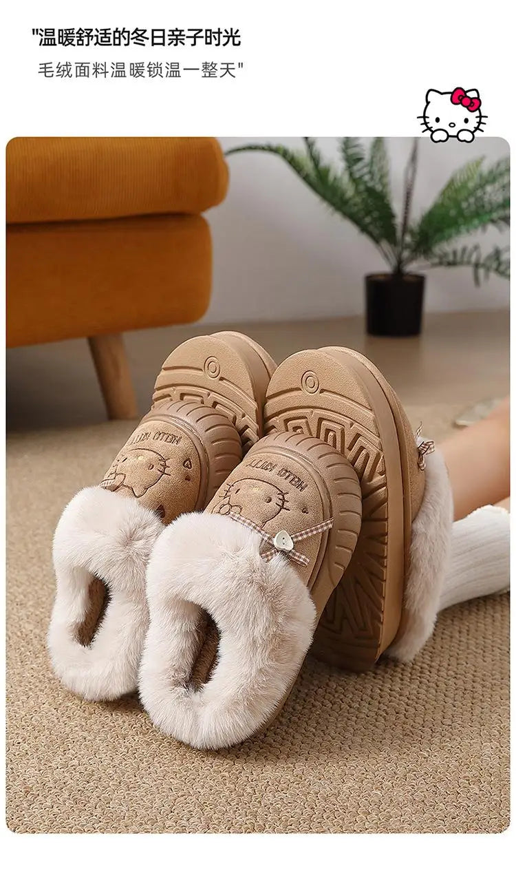 Cartoon Sanrio Hello Kitty Thick Sole Plush Cotton Slippers Anime Women's Winter Warm New Anti-Slip Wear-Resistant Home Shoes