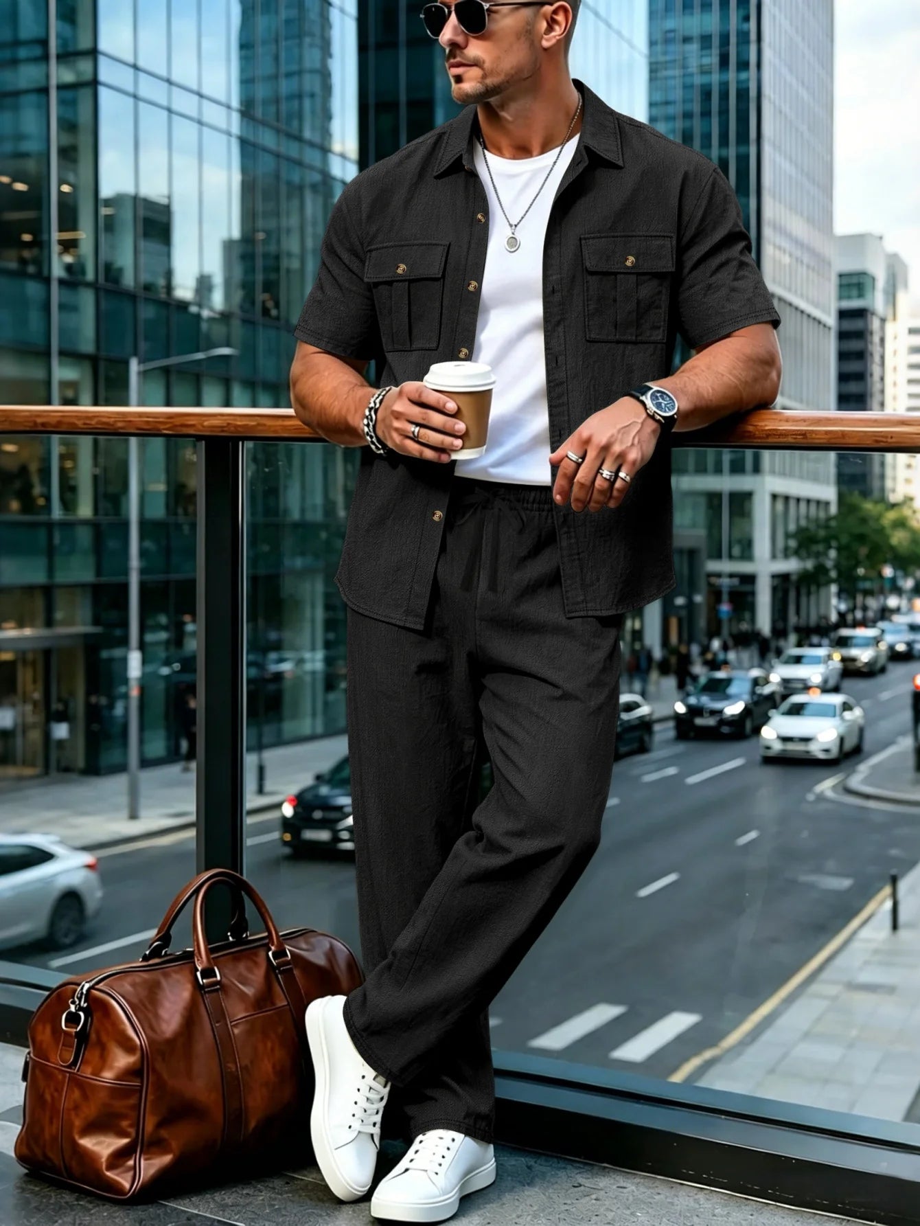 Men's Cotton Linen Short Sleeve Shirt & Pants Set Turn-Down Collar Double Pocket Casual Streetwear