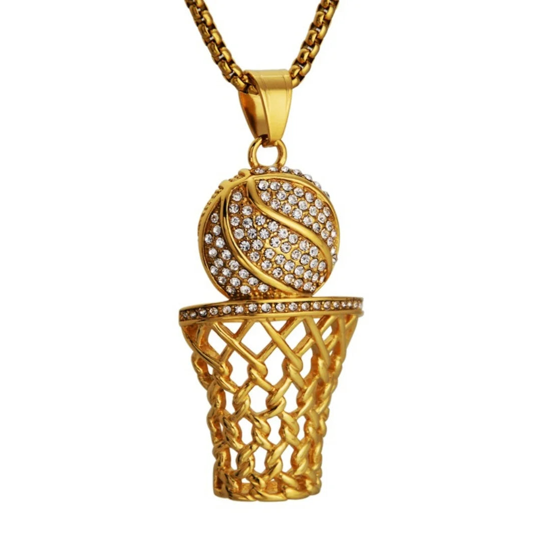 Hip Hop Iced Out Bling Basketball Basket Pendant Stainless Steel Cubic Zirconia Fans Sports Necklace for Women Men Jewelry Gift