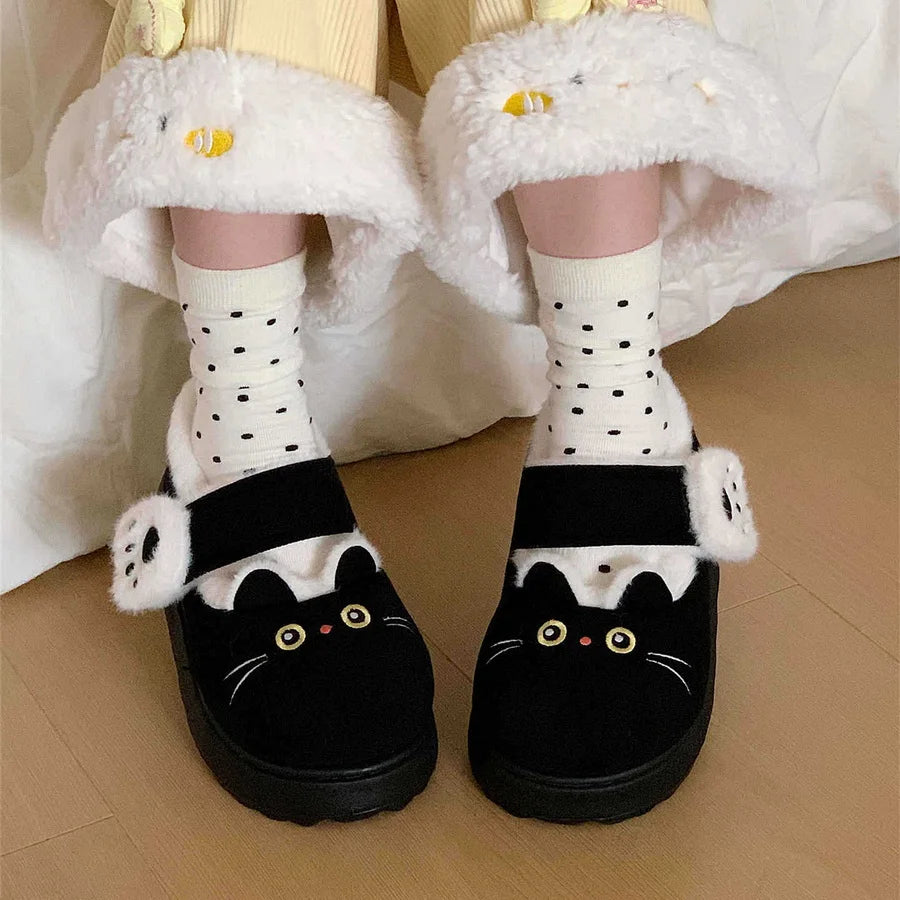 New fuzzy black cat shoes hook loop winter slippers for women indoor mary jane plush shoes mom shallow warm kitty slippers woman
