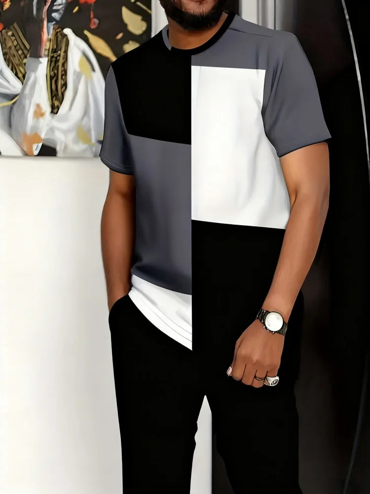 Summer Men's Short-Sleeve Suit Striped Print Short-Sleeve Top Paired With Tailored Trousers Outdoor & Streetwear Two-Piece Set