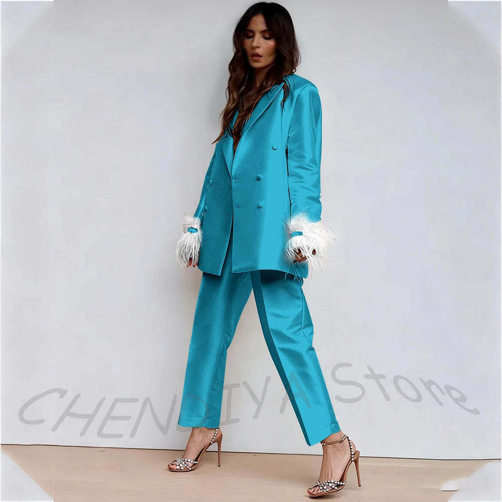 Luxury Feather Women's Suit Classic Design Double Breasted Ankle Length Elegant Outfit Two Pieces Formal Party Female Set