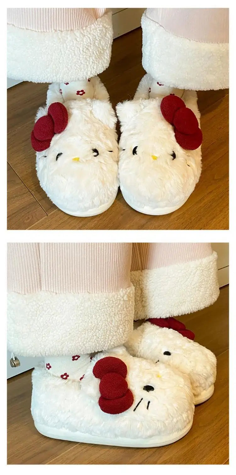 New Cartoon Hello Kitty Plush Slippers Sanrio Cute Female Anime Autumn Winter Home Plus Velvet Warm Thick Sole Baotou Slippers