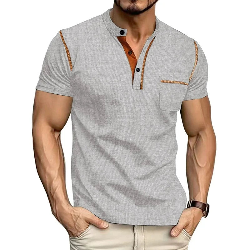 Summer men's fashionable Henry collar half-button short-sleeved moisture-wicking breathable casual American stretch T-shirt top