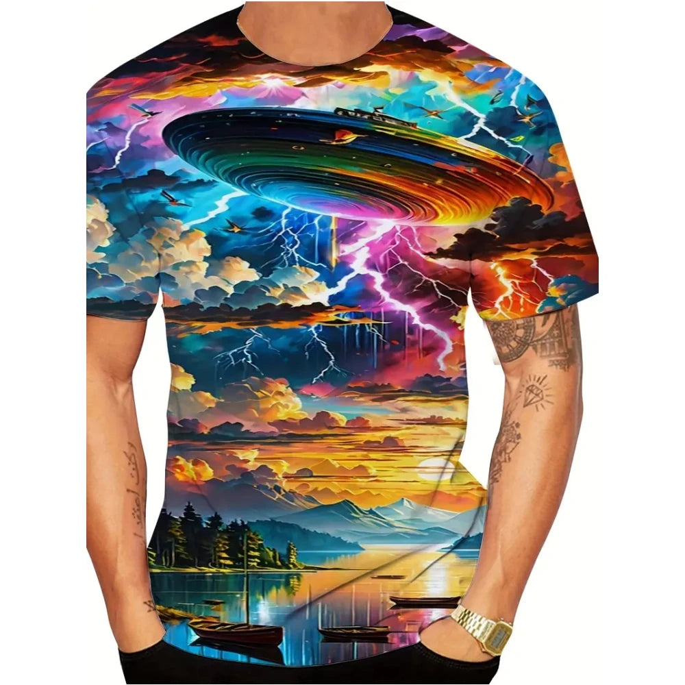 Ufo Spaceship Men's T-Shirt Fashion Printed Men's Short Sleeve Simple Casual Tops Outdoor Breathable Quick Drying Men's Clothing
