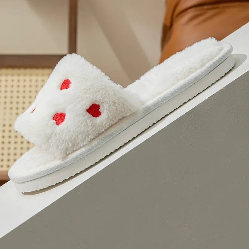 Winter Women Heart Slippers for Home Fur Furry House Slides Men Indoor Floor Soft Sandals Couples Comfortable Cute Flip Flops