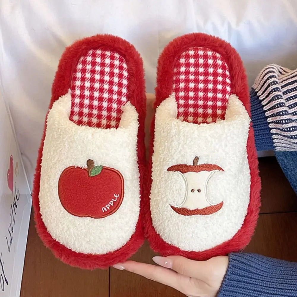 Fashion Grid Stripe Cute Plush Slippers Non-Slip Thick Sole Winter Slides Women Silent Casual Home Wear Shoes Women