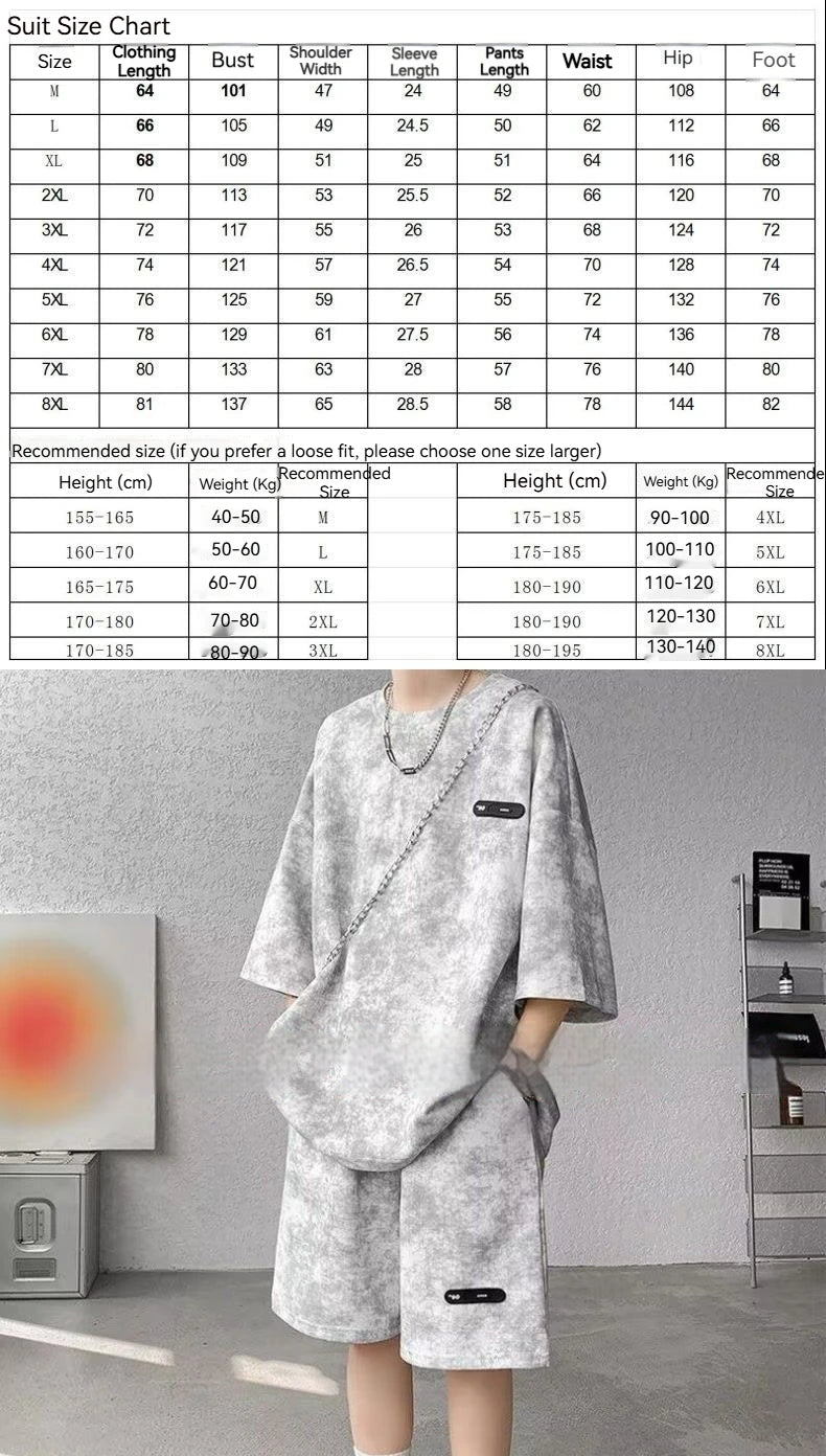 Asian Size M-8XlTie Dye Ice Silk Two-piece Set Men Polyester Short Sleeve Shorts Suit Slim Fit High Quality Basic Outfits Summe