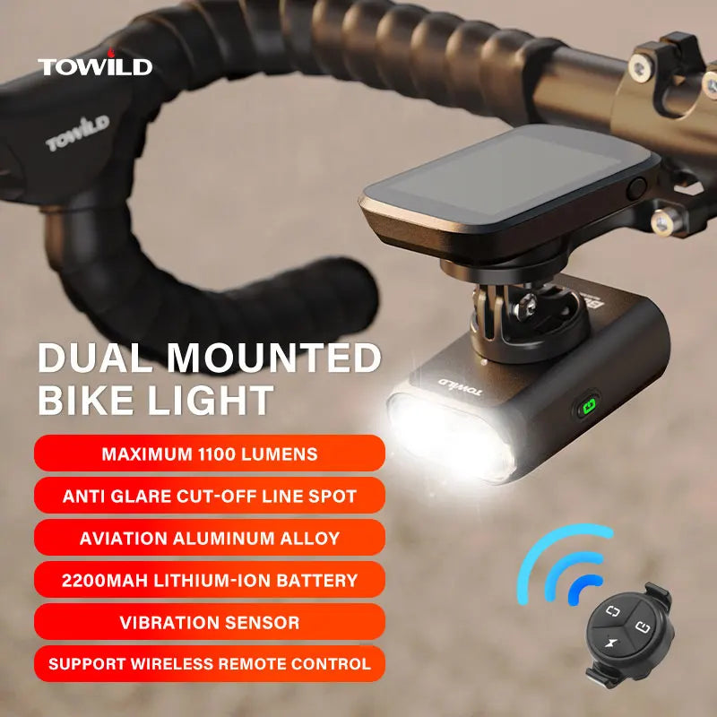 TOWILD BL900 Dual Mounted Bicycle Lights With Focus/Flood Beam 1100LM Rechargeable Bike Light Daytime Safety Night illumination