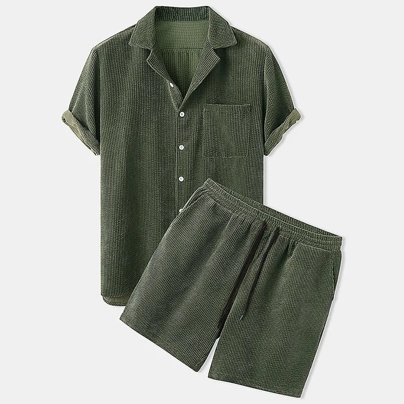 2025 New Men's Summer Corduroy Shirt and Shorts Set Solid Color Casual Wear Summer Street Wear Two-piece Suit