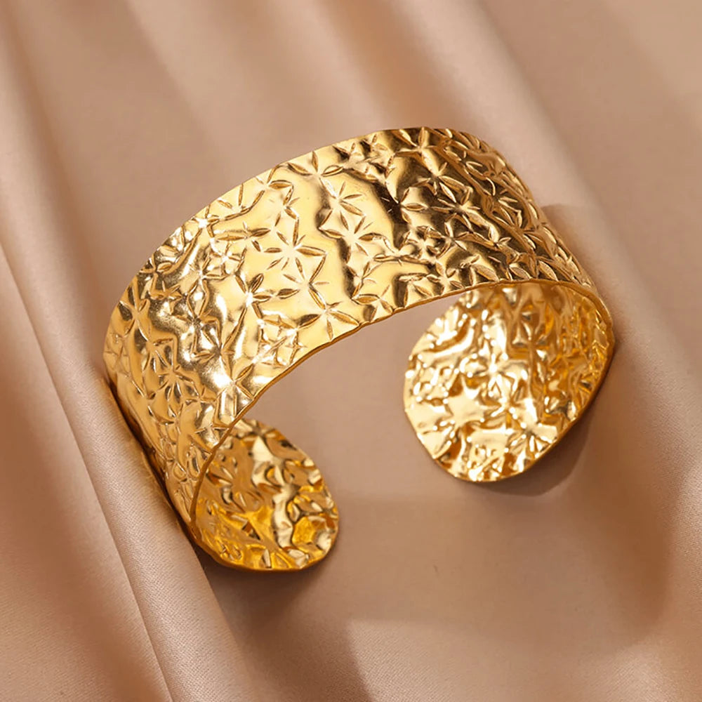 Stainless Steel Wide Bangles for Women Luxury Gold Color Chunky Flower Cuff Bangle Bracelet femme Vintage Wedding Jewelry Gifts