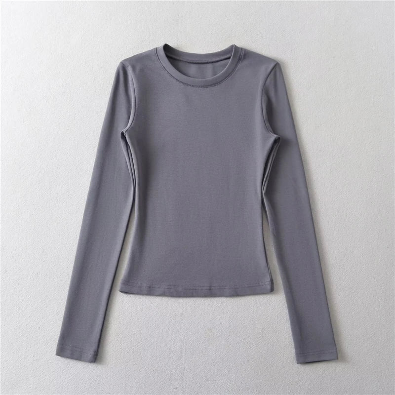 LUNDUNSHIJIA O-neck Long Sleeve T-shirts For Women 2025 New Spring Ladies Solid Cotton Slim Tee Shirts 10 Colors