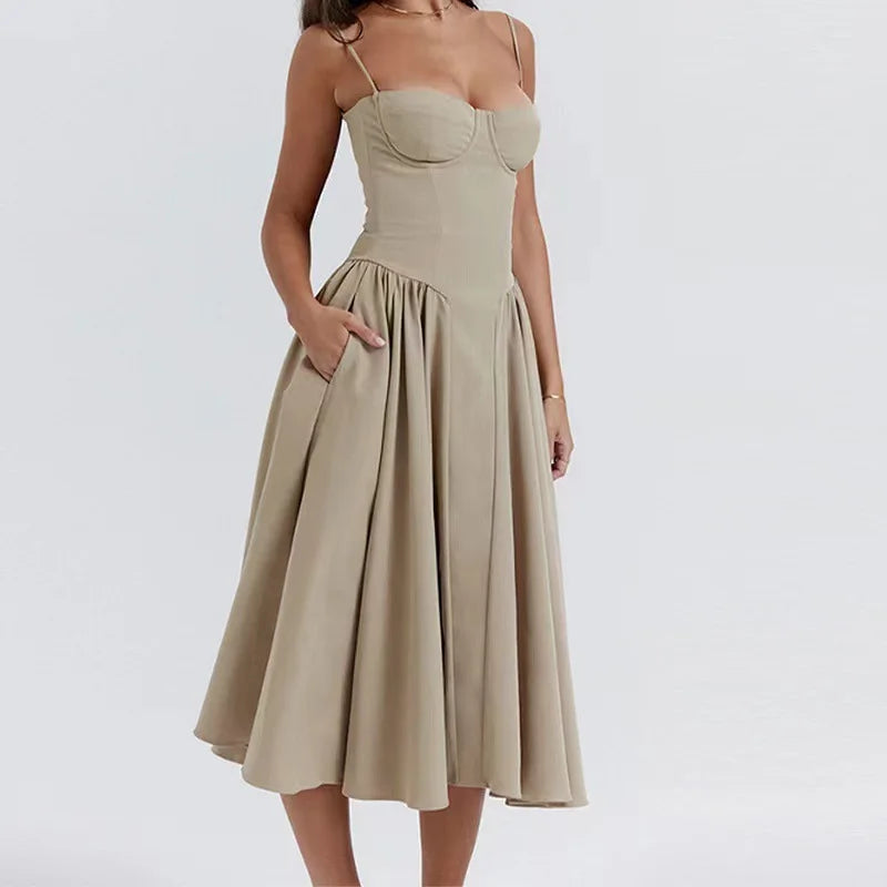 Vintage Floral Midi Dress Women's High Waist A-Line Sundress Green Dresses Summer Female 2025 Wedding Guest New White Evening