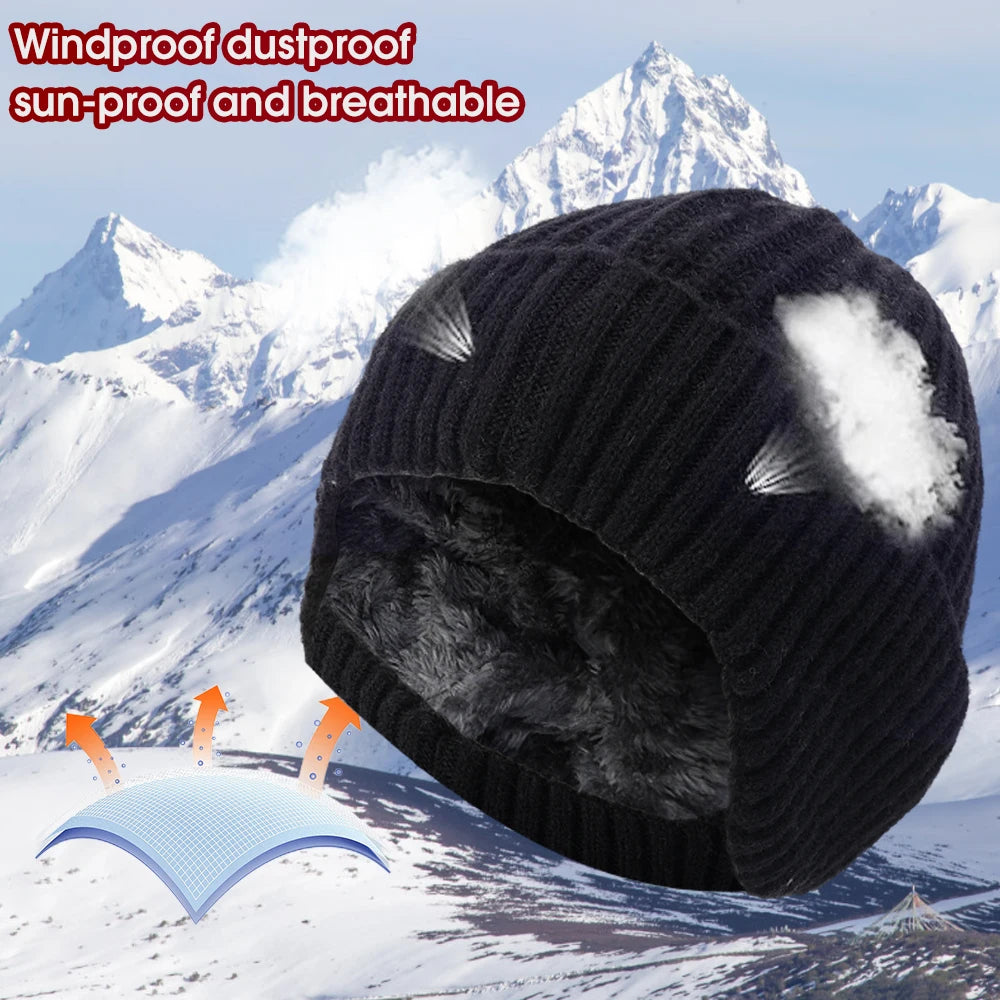 2pcs Winter Cycling Fleece Hats Knitted Plush Warm Outdoor Sports Cap Scarf for Women Men Hat Windproof Ski Ear Protection Gift