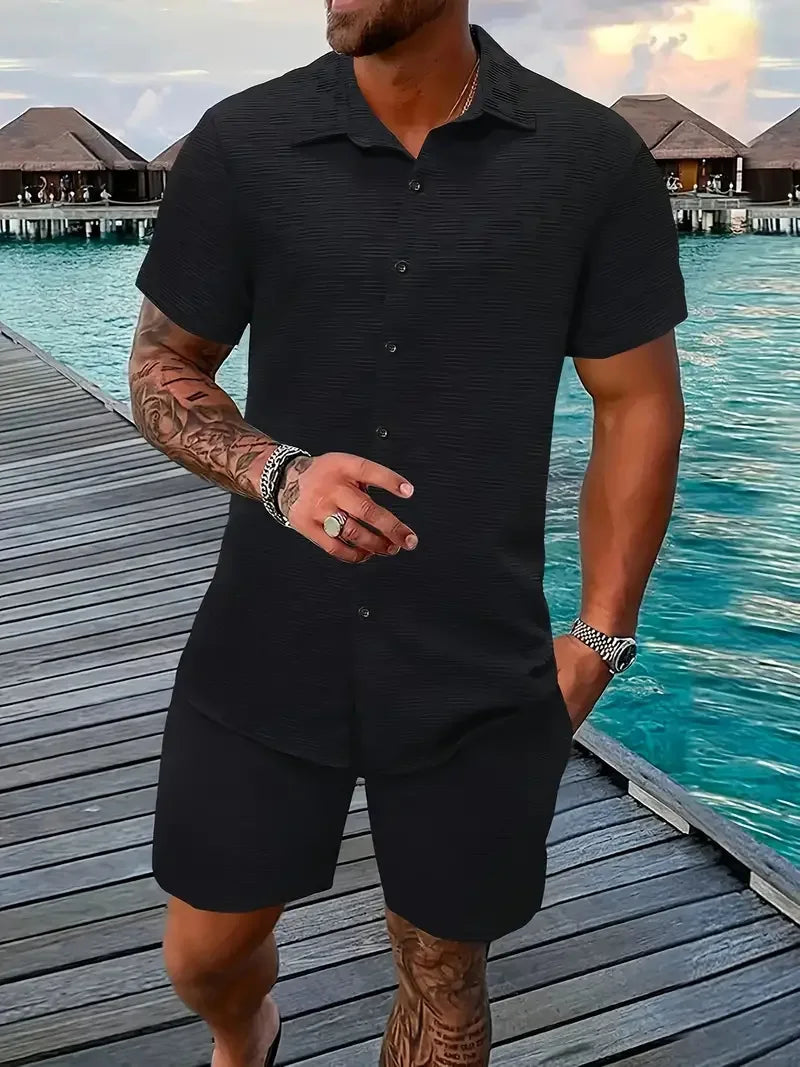 Summer Solid color Cotton linen Men's Shirt Set Fashion lapel Jacquard Short-sleeved Shirt Shorts 2 Piece Set Men's Shorts Suit