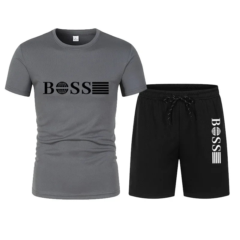 Spring and Summer New Two-piece Men's Running T-shirt and Short Casual Elastic Round Neck Sports Suit Comfortable Quick Drying