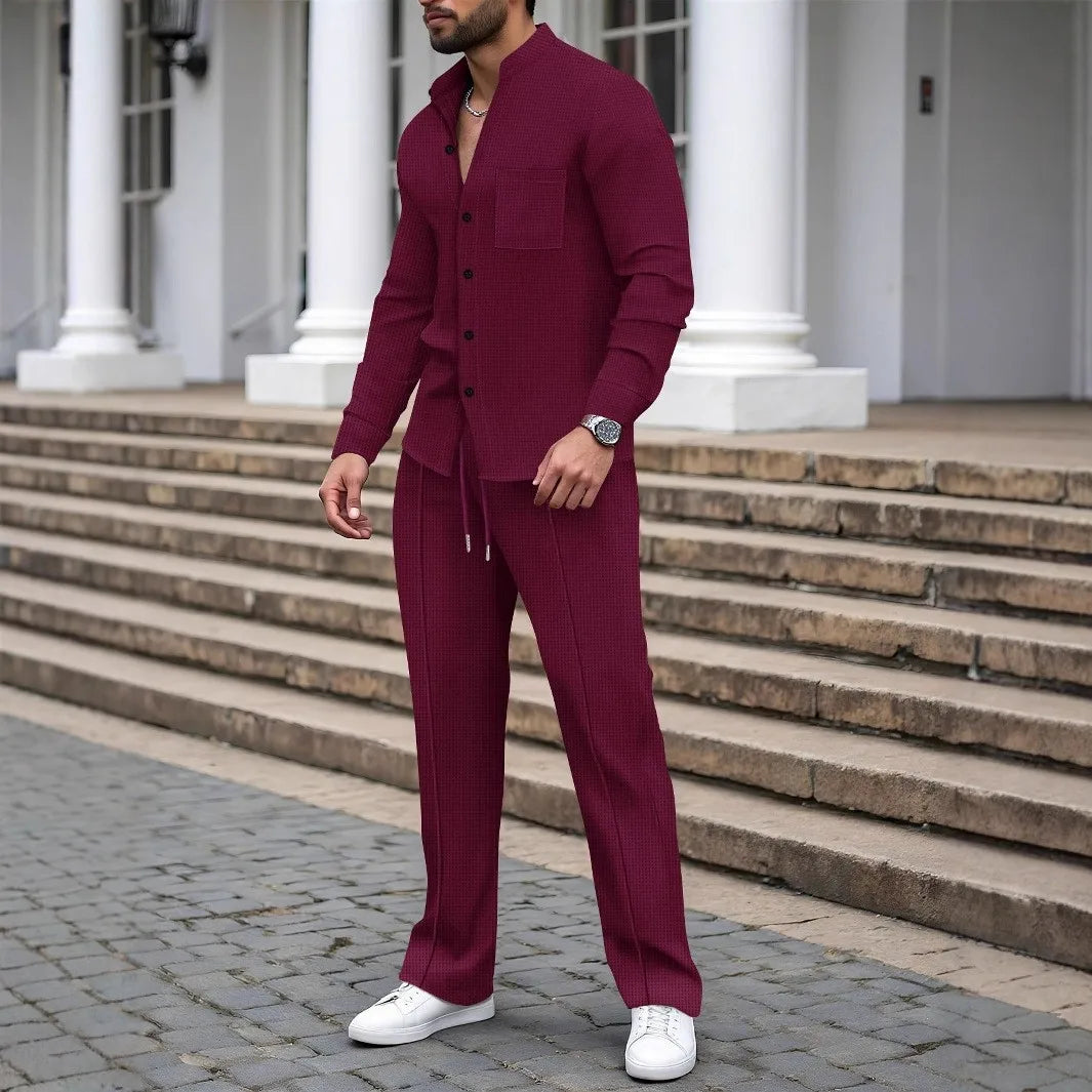 New autumn men's suit, waffle plain-colored long-sleevedshirt with pocket cardigan, stylish men's casual clothing long pants set