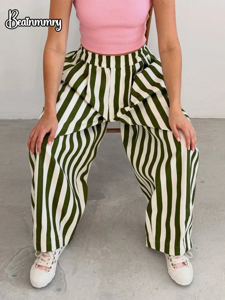 Red White Striped Balloon Pants Women's Elastic Waist Wide Leg Baggy Casual Trouser 2026 Summer New Streetwear Loose Fit Pants