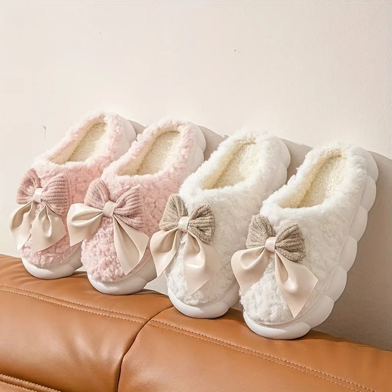 Women'S Bow Designed Fleece-Lined Slippers Soft Sole, Quiet Wear, All-Season Comfort, Ideal for Home Use, Perfect Christmas Gift