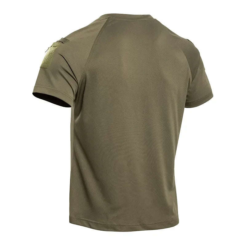 Men's Tactical T-Shirt Short Sleeve Quick Dry Breathable Lightweight Combat Tee with Shoulder Zip Pocket for Hiking Camping Tops