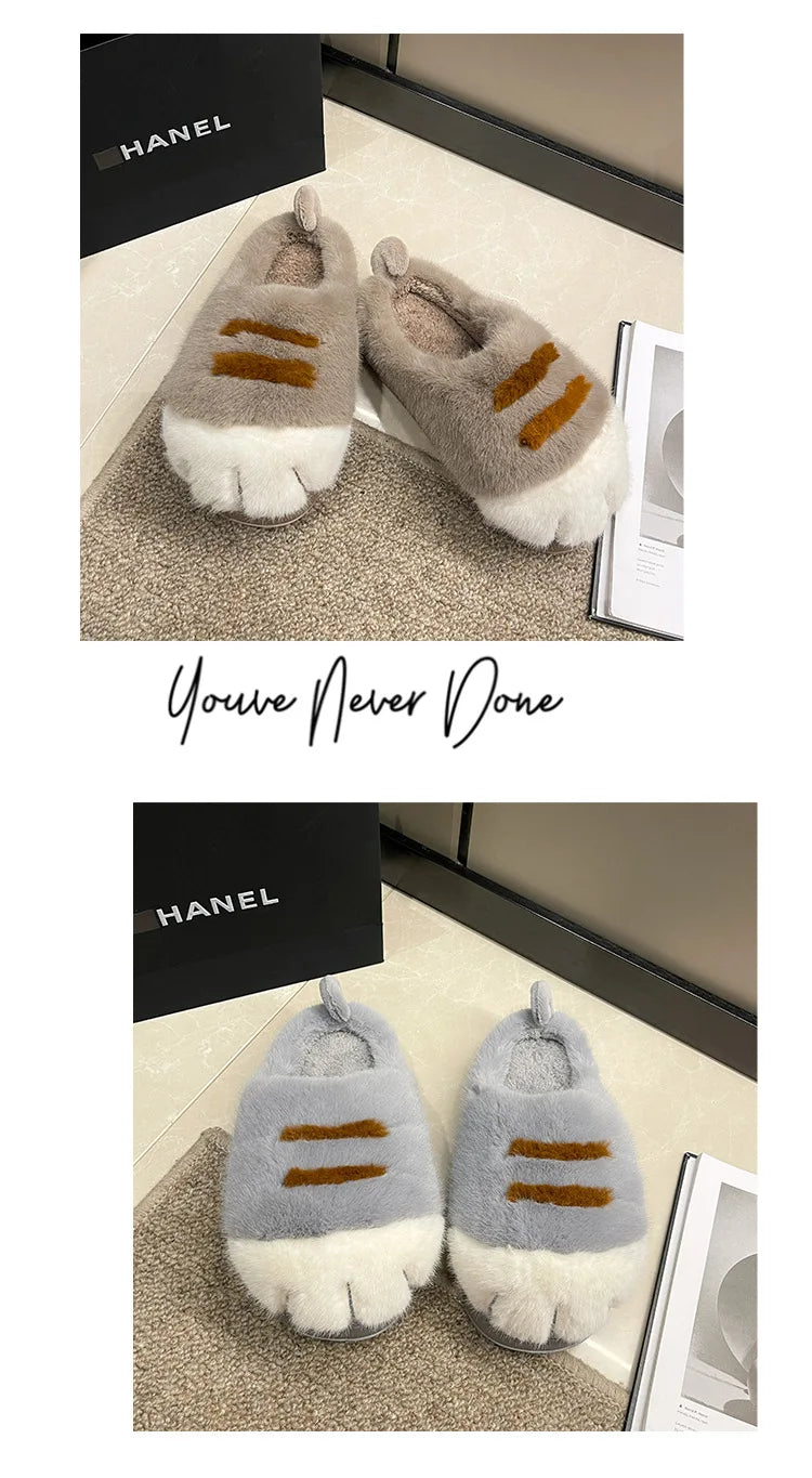 Newest cat paw feet slippers woman fluffy closed heel home shoes for women winter warm slip on animal claw slipper furry loafer