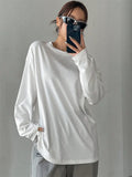 Women Basic Long Sleeve Loose O-neck T-shirt Autumn Winter Solid Color Tee Top Streetwear