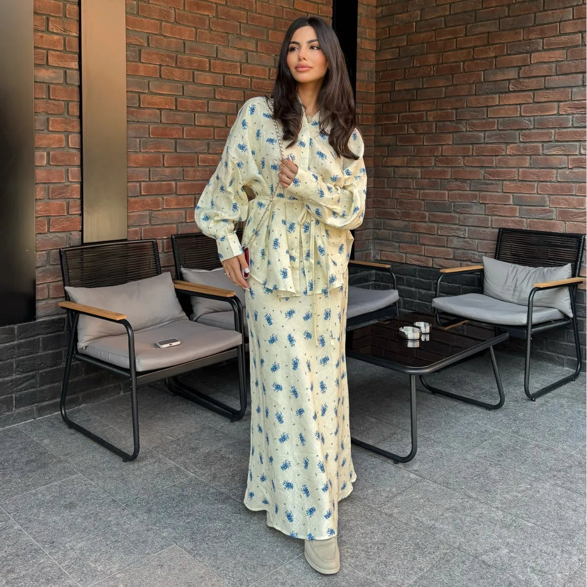 Women Two Piece Sets Skirt Set Floral Print Lantern Sleeve Turn Down Collar Shirt Long Skirts A Line Lace Up Y2k Elegant Work
