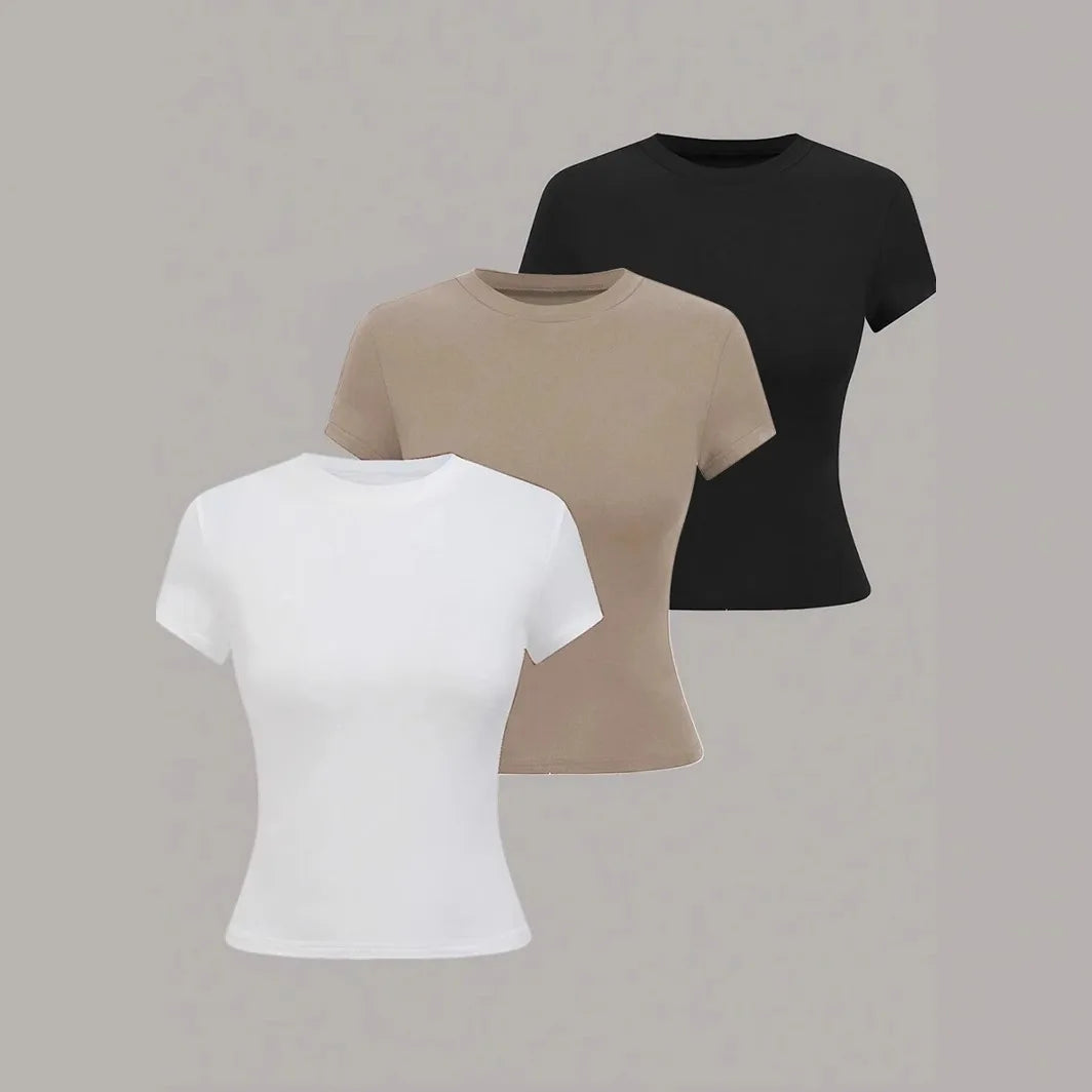 3pcs Sale Women's T-shirts Summer Round Collar Short Sleeve Slim Solid Color Tee Tops YDFS-53001