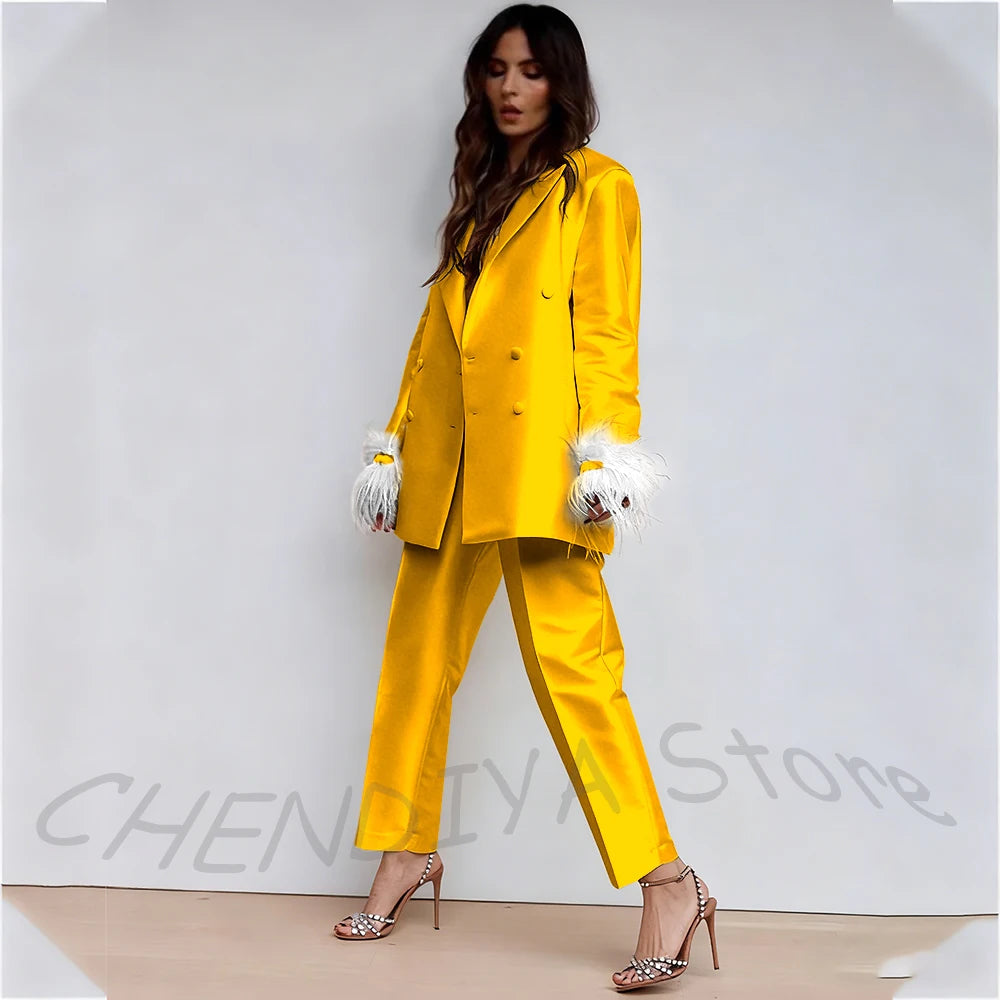 Luxury Feather Women's Suit Classic Design Double Breasted Ankle Length Elegant Outfit Two Pieces Formal Party Female Set